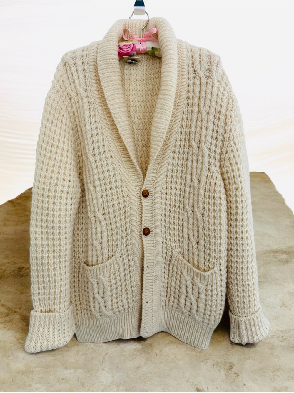 Aran Crafts Cream Cable-Knit Shawl Collar Cardigan